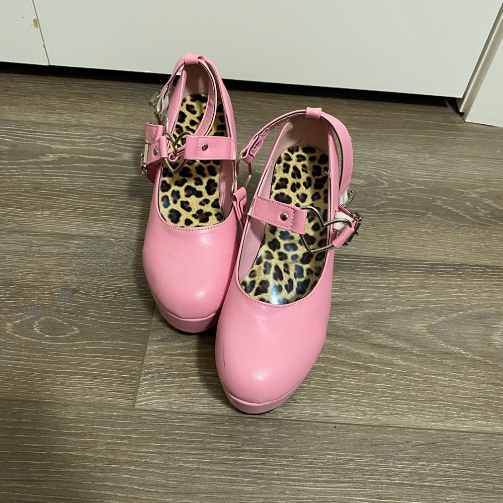 Pink Platform Mary Jane Heels with Leopard Insole